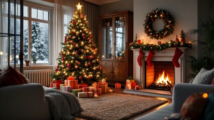 Fototapeta premium A living room decorated with a lit Christmas tree, colorful presents