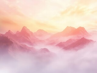 misty mountains bathed in the soft hues of sunrise, pastel colors merging with gentle fog, creating a serene and ethereal landscape that evokes a sense of calm and awakening