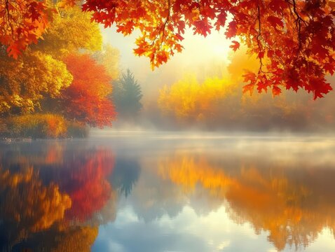 misty autumn lake landscape with vibrant fall foliage reflection and morning fog creating ethereal atmosphere