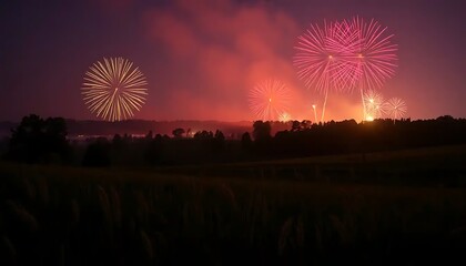 Festive Fireworks Display Over Silhouetted Landscape