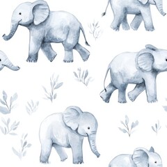 Fototapeta premium Gentle doodle-style watercolor elephants playfully moving among soft foliage creating a whimsical atmosphere