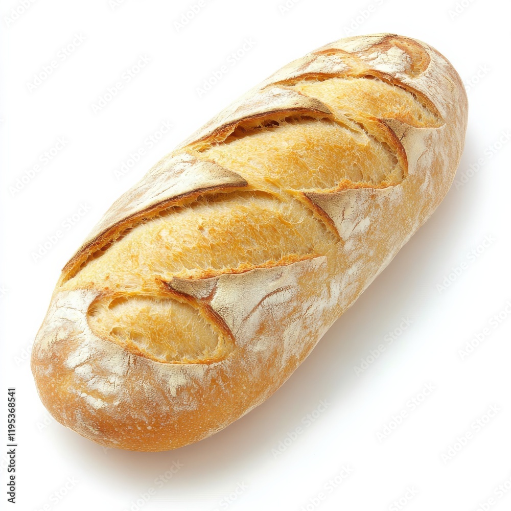 Poster Freshly baked rustic sourdough loaf with a golden crust and signature scoring pattern on a simple white background