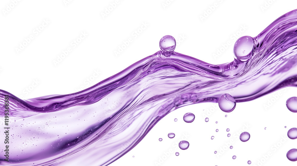 Poster dynamic flow of lavender liquid with bubbles creates sense of movement and fluidity against transparency background. vibrant purple hue adds touch of elegance and energy
