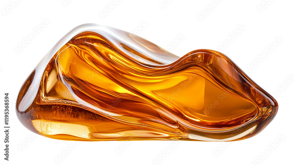 Poster smooth, abstract amber glass sculpture with fluid curves and glossy finish, isolated on transparency background, showcasing its elegant and artistic design