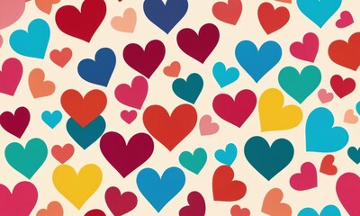 Colorful hearts in a playful pattern create a vibrant backdrop for celebrations and expressions of love. Valentine’s Day, date, engagement, love, wedding, background