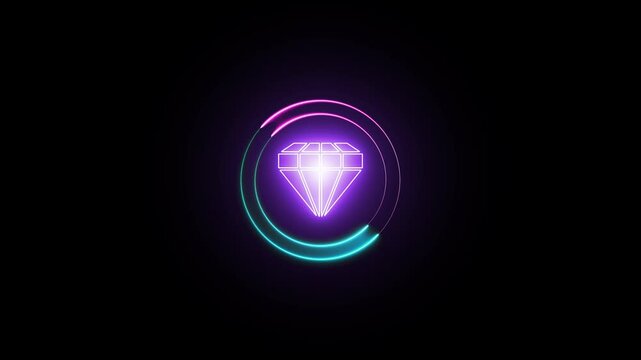 Glowing neon diamond Icon on neon circle space Isolated on black background
