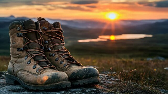 Hiking boots on a rocky terrain at sunset overlooking a tranquil lake in a serene landscape