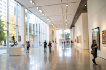 A Blurred View of an Art Gallery Interior with Visitors Viewing Artwork and Natural Light Streaming Through Large Windows