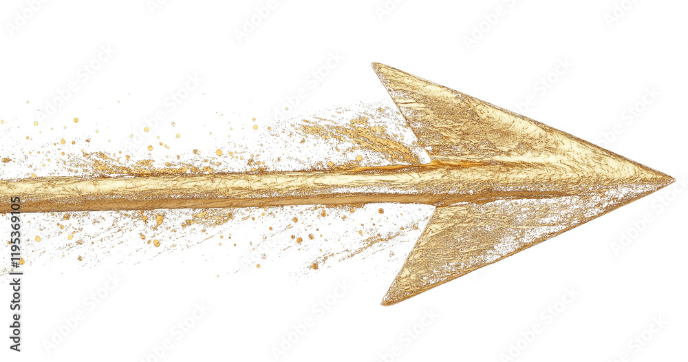 Poster gold curved arrow with metallic brush accents isolated on transparency background, showcasing dynami