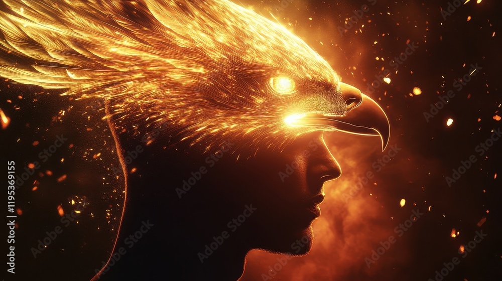 Aufkleber dynamic portrayal of a man's profile with an imaginative fire eagle transformation