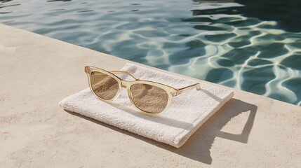 Sunglasses on white towel by a poolside shimmering summer light sunny leisure aesthetic