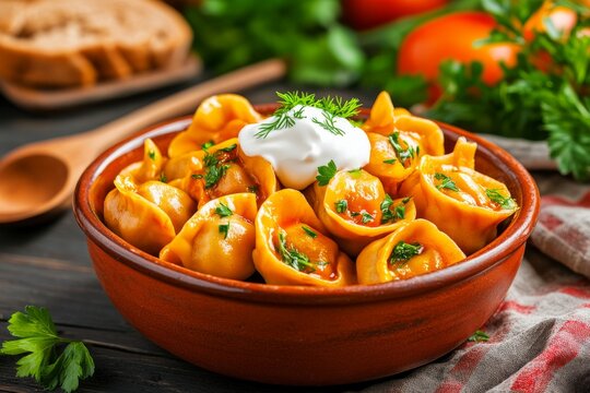 Delicia de dumplings reci&eacute;n hervidos con crema y hierbas frescas en un taz&oacute;n r&uacute;stico