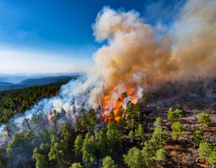 An aerial view of a forest fire spreading, highlighting the various hues of flames amidst the trees.