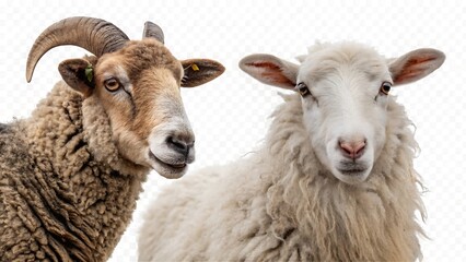 Fototapeta premium Set of sheep portraits on transparent background. Domestic and wild animal concept.