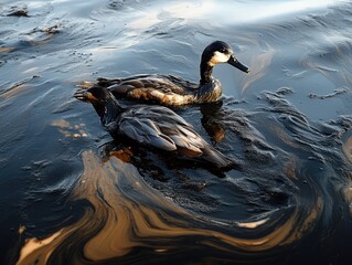 An oil spill affecting marine life, sea birds struggling in oil