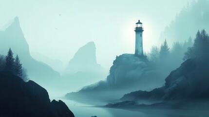 mysterious lighthouse standing on a fog-shrouded island, surrounded by rugged cliffs and vector forests, evoking intrigue and a sense of adventure