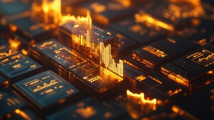 Creative layout showcasing glowing gold bars with dynamic data visualizations and intricate patterns at dusk