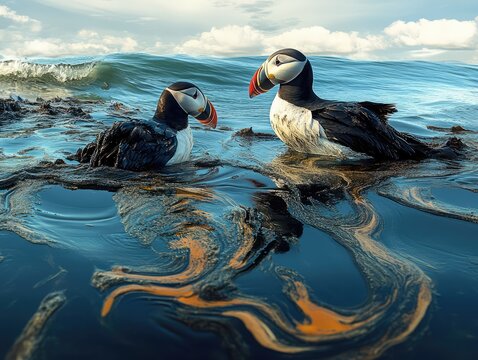 An oil spill affecting marine life, Atlantic puffins in oily water