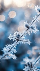 Naklejka premium Frosty branch glimmers in cool blue hues amidst winter's icy embrace under soft sunlight