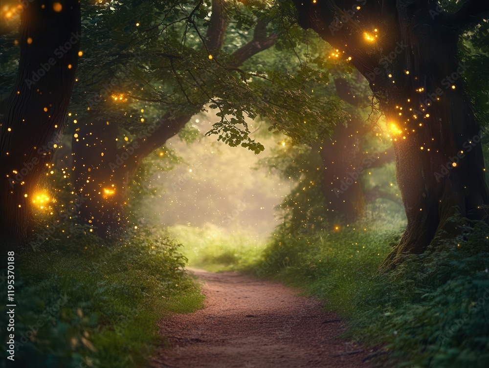 Canvas Prints moonlit enchanted forest pathway through ancient oak trees with glowing fireflies dancing in misty a