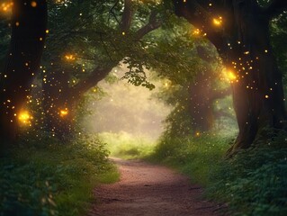 Obraz premium moonlit enchanted forest pathway through ancient oak trees with glowing fireflies dancing in misty air, magical nature scene at night