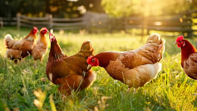 Chickens on a chicken farm grazing outdoors, domestic animal husbandry concept
