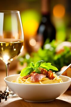 Plato de pasta con salsa, decoraci&oacute;n fresca y copas de vino en un ambiente acogedor y luminoso al atardecer