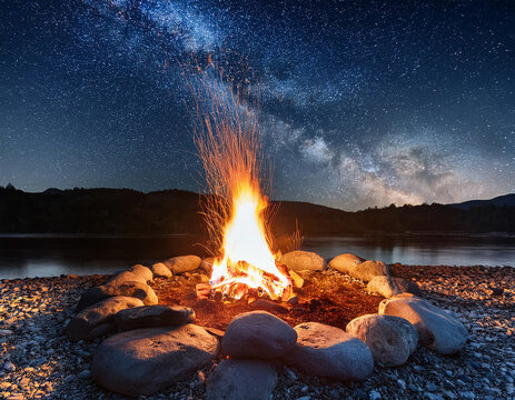A serene bonfire burning brightly under the night sky surrounded by a circle of river stones.