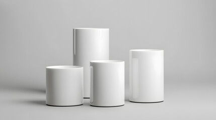 Minimalist white cylindrical pedestals in a modern studio setting with soft light for UHD 4K product display.	