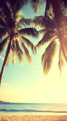 Tropical Beach Sunset Palm Trees Illustration