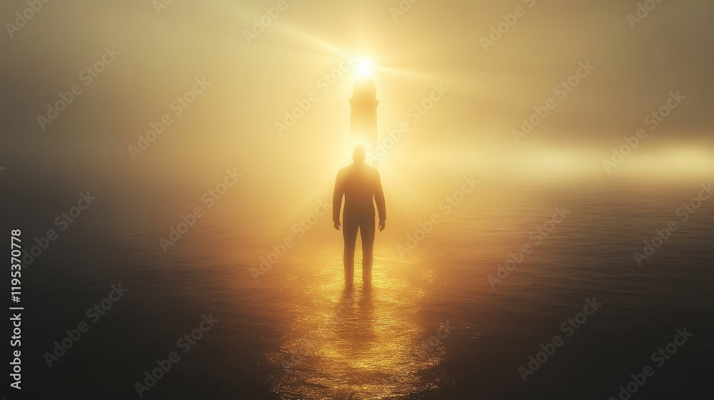 Poster man glowing in fog approaching a lighthouse at sunrise over calm waters