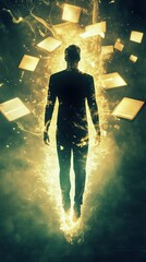 Conceptual portrayal of a glowing man surrounded by floating books in a mystical environment