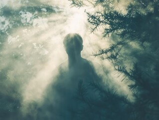 Obraz premium mysterious silhouette emerging from thick mist in a serene forest, with soft light filtering through the trees, creating an ethereal and tranquil atmosphere