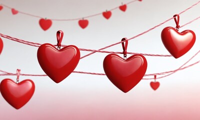 Fototapeta premium Decorative red hearts hanging on a string for a festive occasion in a romantic setting. Valentine’s Day, date, engagement, love, wedding, background