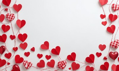 Decorative red heart garlands on a white background create a festive atmosphere for celebrations and events. Valentine’s Day, date, engagement, love, wedding, background