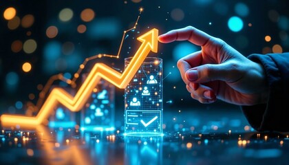 Hand interacting with glowing virtual progress staircase and success checkmarks