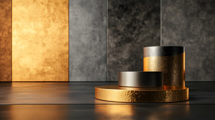 Luxurious golden circular pedestals with textured backdrop and dramatic lighting for UHD 4K premium display.	