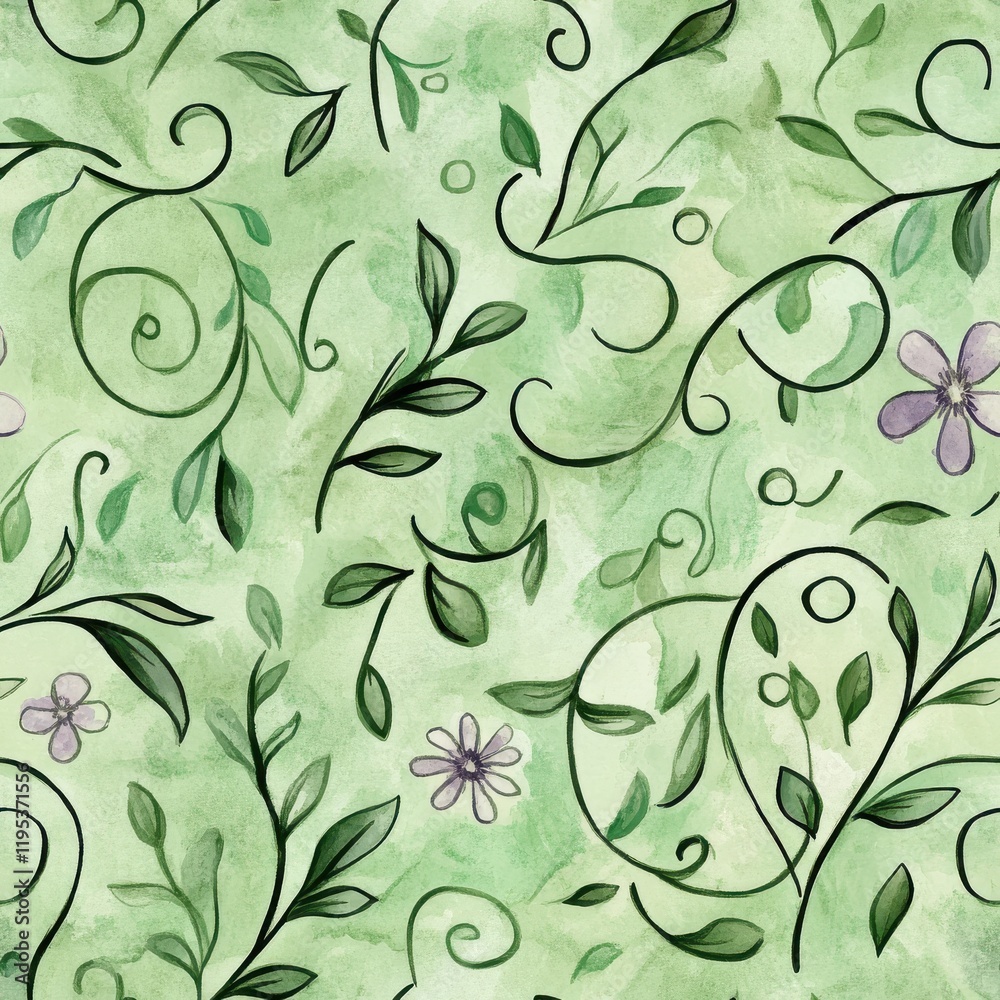 Poster calming watercolor doodle patterns with delicate floral and leafy designs on a soft green background