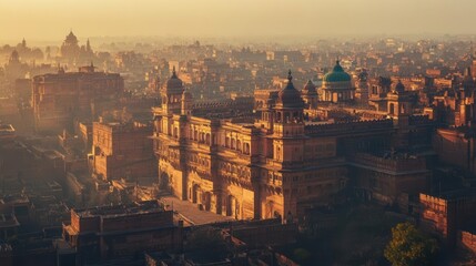 Obraz premium panoramic view of an ancient city bathed in the warm light of dawn, showcasing historical architecture and a serene atmosphere, inviting exploration of its rich cultural heritage