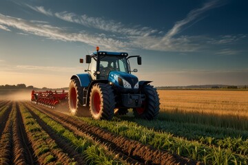 A rustic tractor parked middle golden.
