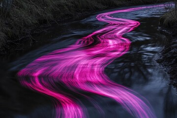 Obraz premium Pink light streaks flow through dark water.