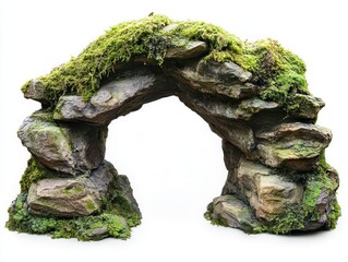 natural stone arch formation with ancient moss-covered rock texture and mysterious cave entrance isolated on white background