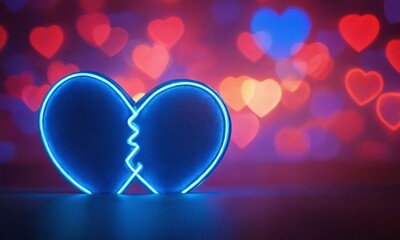 Bright blue broken heart symbol with colorful heart-shaped lights in the background during a romantic evening. Valentine&rsquo;s Day, date, engagement, love, wedding, background