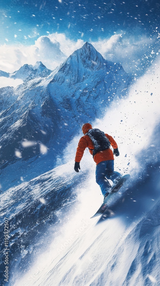 Poster dynamic snowboarding action on a stunning mountain slope with snowflakes and majestic peaks in the b