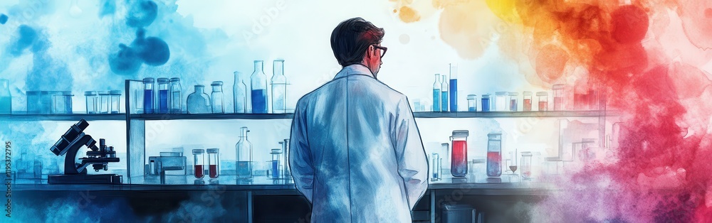 Aufkleber portrait of a scientist in a laboratory with colorful watercolor background highlighting research an