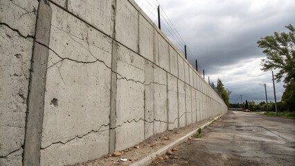 A Long, Cracked Concrete Retaining Wall Beside a Road Under a Cloudy Sky