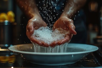 Hands washing dishes in kitchen with water and soap during evening hours
