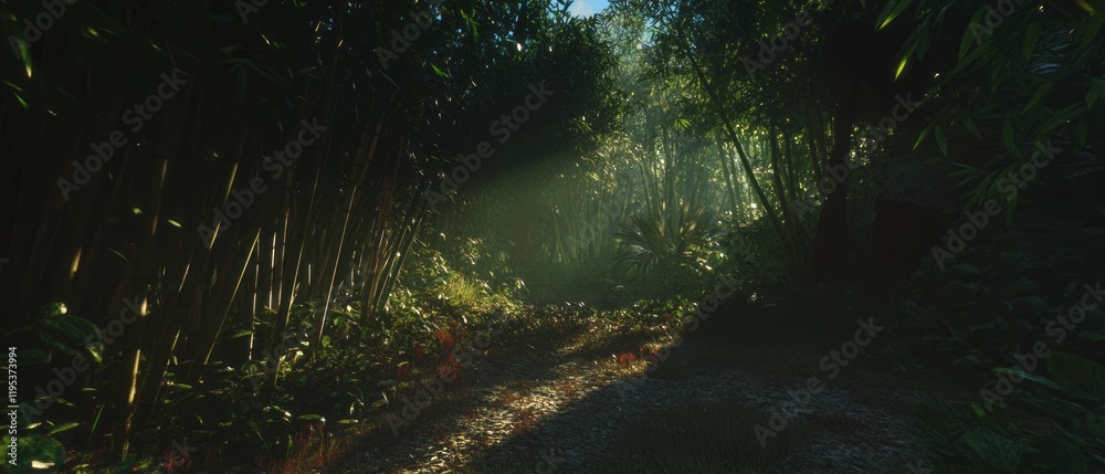 Aufkleber lush green forest pathway illuminated by sunlight filtering through the trees in early morning hours