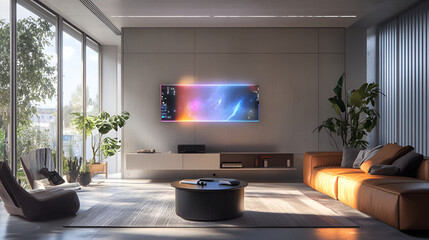 A minimalist home office with an interactive hologram