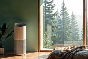 Air Purifier in Tranquil Bedroom. A modern air purifier sits beside a bed in a serene bedroom with a large window overlooking a forest.